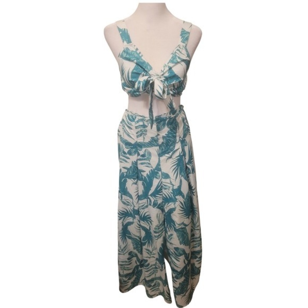 SHEIN Tropical Teal Palm Print Tie Front Crop Top and Wide Leg‎ Pants Set Small